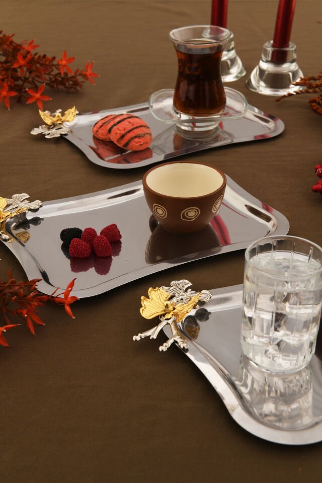 Naldo italyan model kelebekli detaylı 3 Adet sunum tepsisi gümüş