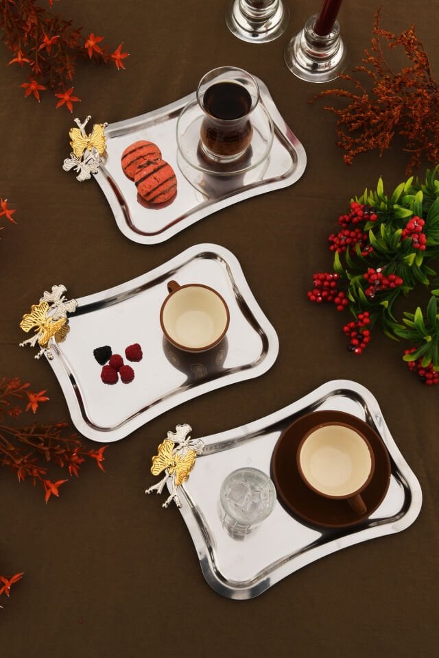 Naldo italyan model kelebekli detaylı 3 Adet sunum tepsisi gümüş