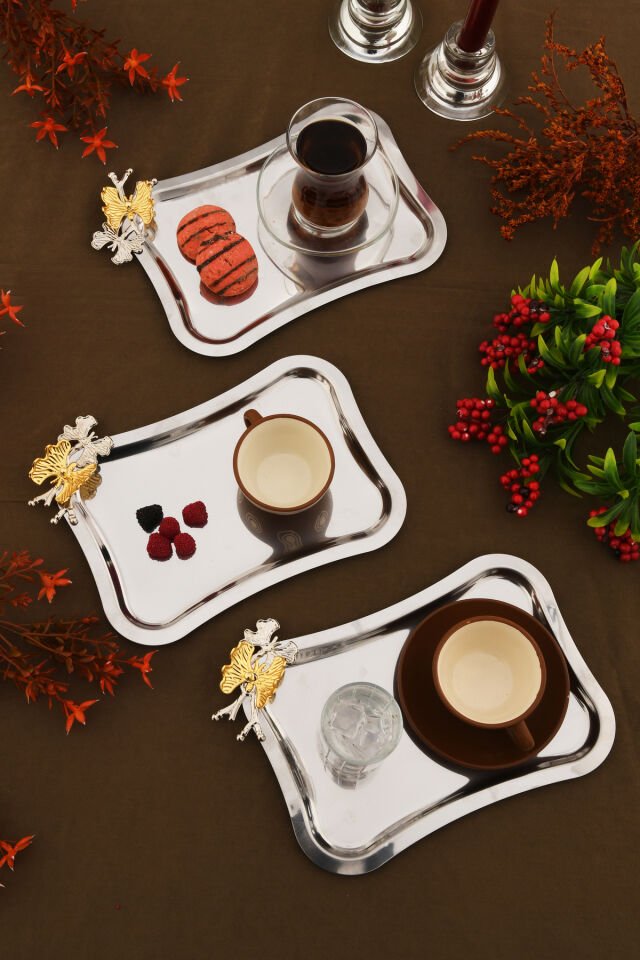 Naldo italyan model kelebekli detaylı 3 Adet sunum tepsisi gümüş