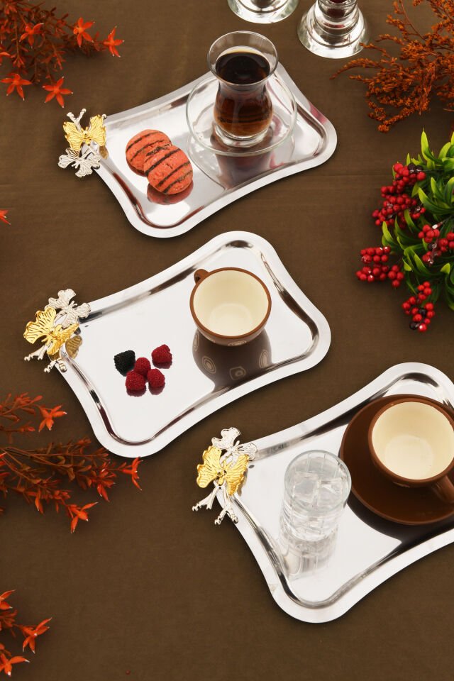 Naldo italyan model kelebekli detaylı 3 Adet sunum tepsisi gümüş