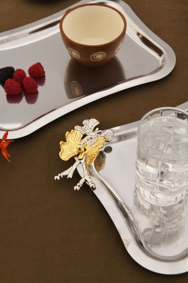 Naldo italyan model kelebekli detaylı 3 Adet sunum tepsisi gümüş