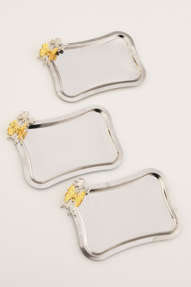 Naldo italyan model kelebekli detaylı 3 Adet sunum tepsisi gümüş