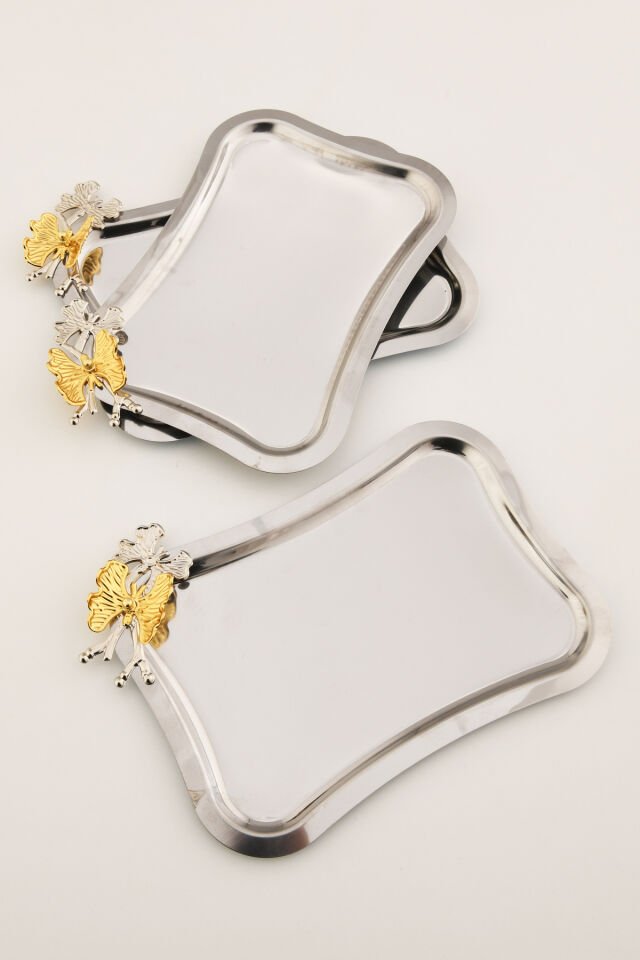 Naldo italyan model kelebekli detaylı 3 Adet sunum tepsisi gümüş