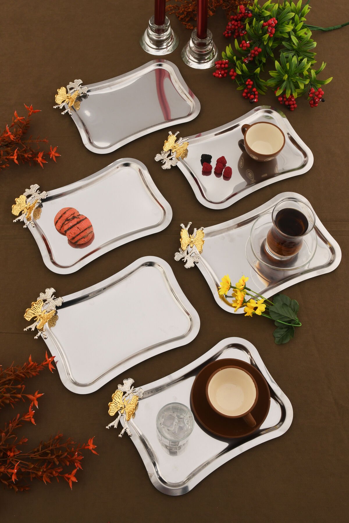 Naldo italyan model kelebek detaylı 6'lı sunum tepsisi gümüş