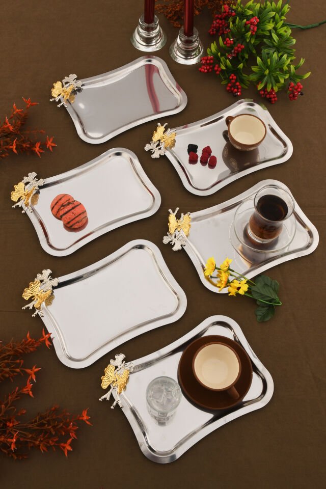 Naldo italyan model kelebek detaylı 6'lı sunum tepsisi gümüş