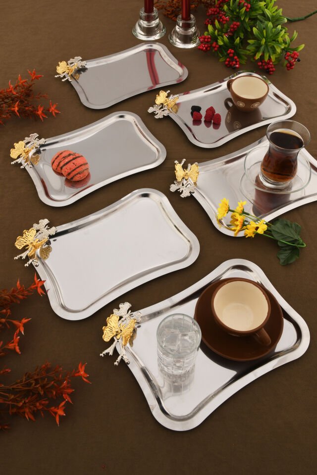 Naldo italyan model kelebek detaylı 6'lı sunum tepsisi gümüş