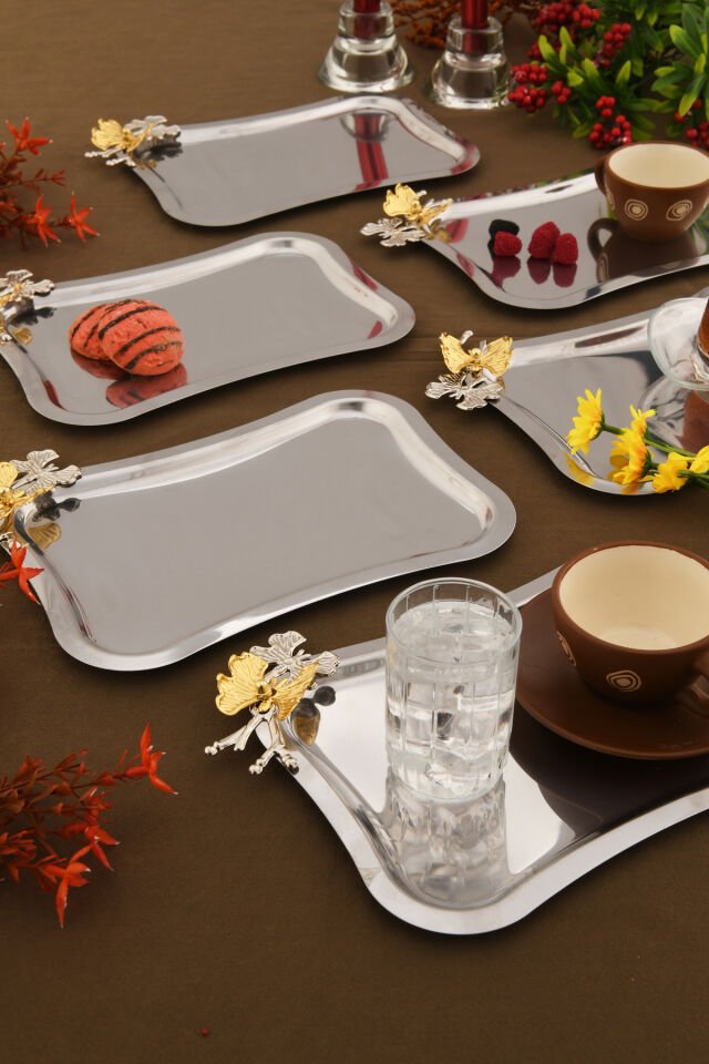 Naldo italyan model kelebek detaylı 6'lı sunum tepsisi gümüş