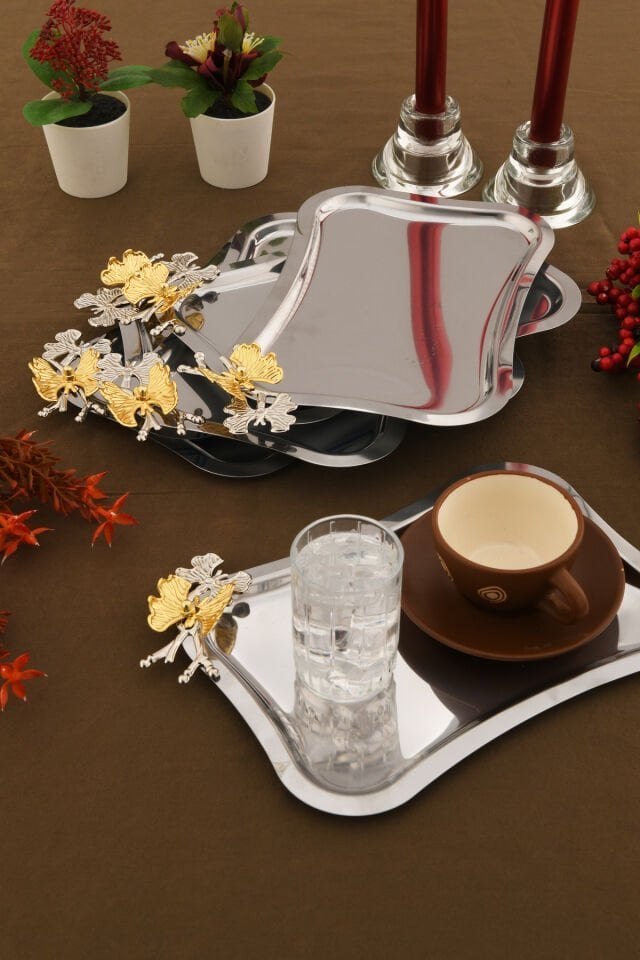 Naldo italyan model kelebek detaylı 6'lı sunum tepsisi gümüş