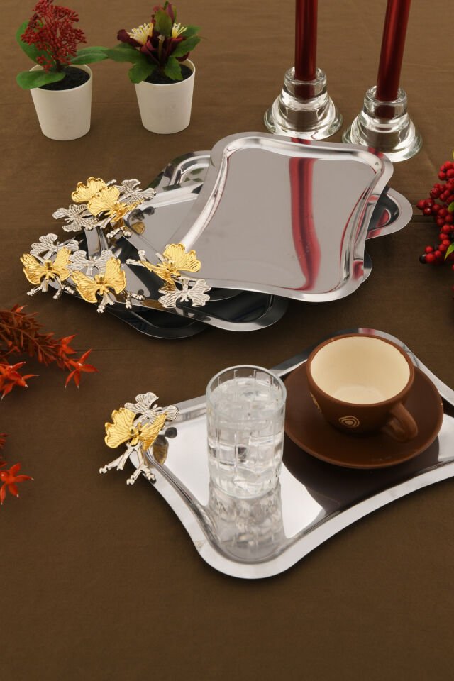 Naldo italyan model kelebek detaylı 6'lı sunum tepsisi gümüş