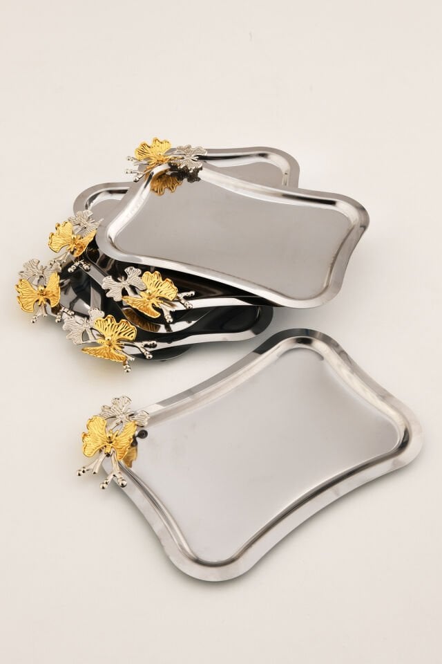 Naldo italyan model kelebek detaylı 6'lı sunum tepsisi gümüş
