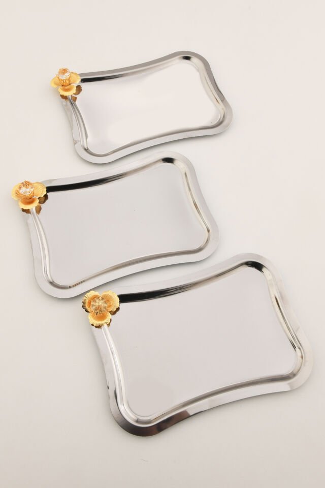 Naldo İtalyan Model Gold Taş Detaylı 3 Adet Sunum Tepsisi