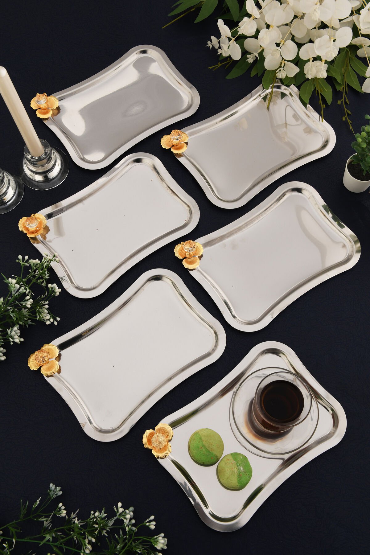 Naldo italyan Model Gold Taş Detaylı 6'lı Sunum Tepsisi