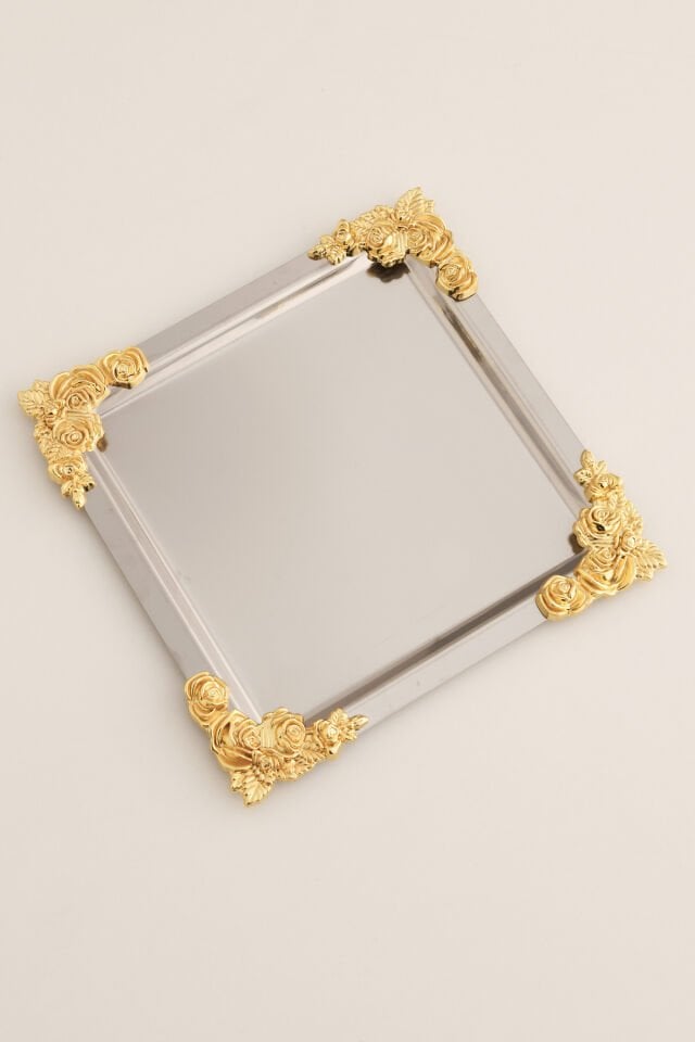 Alvio Paslanmaz Kare 4 Köşesi Sarı Çiçek Detaylı Sunum Tepsisi Gümüş 1 Adet