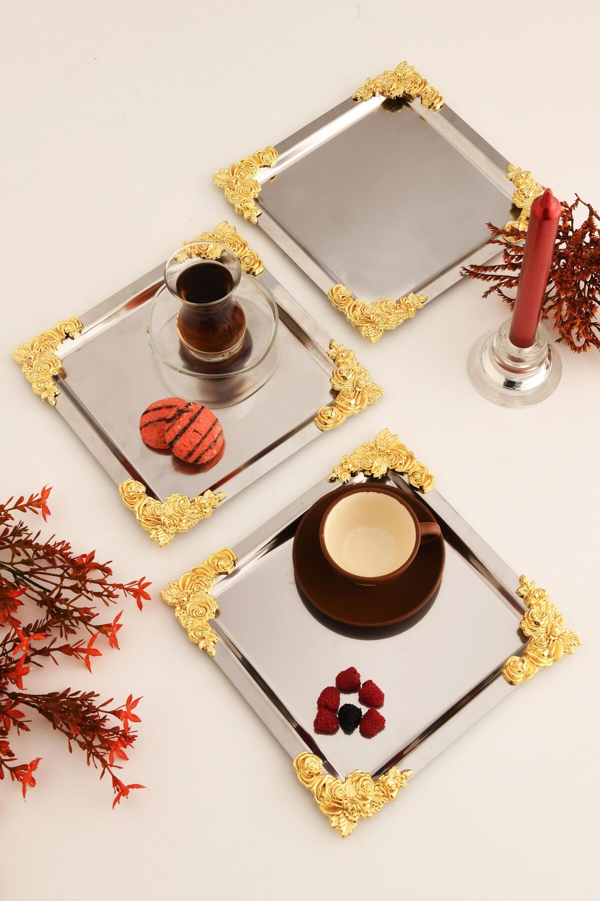 Alvio Paslanmaz Kare 4 Köşesi Sarı Çiçek Detaylı Sunum Tepsisi Gümüş 3 Lü Takım