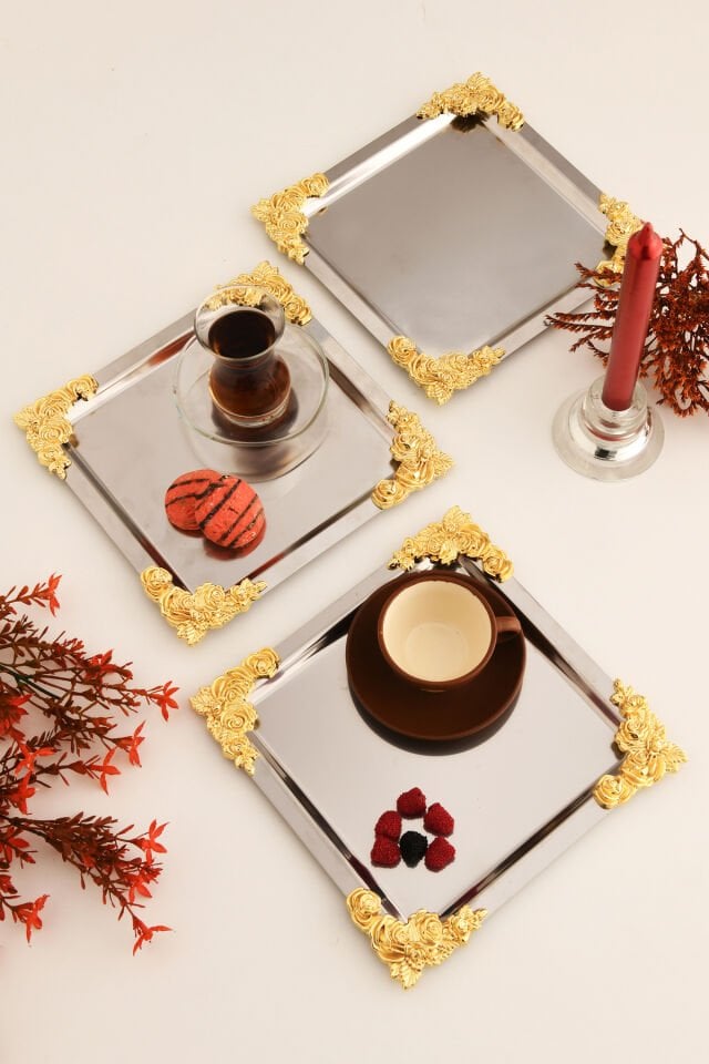 Alvio Paslanmaz Kare 4 Köşesi Sarı Çiçek Detaylı Sunum Tepsisi Gümüş 3 Lü Takım