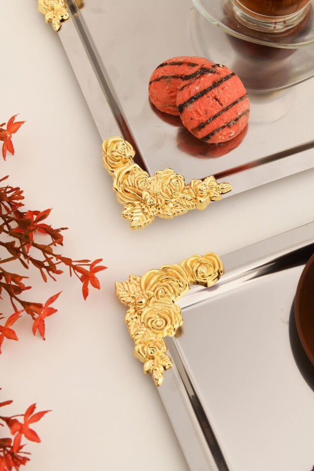 Alvio Paslanmaz Kare 4 Köşesi Sarı Çiçek Detaylı Sunum Tepsisi Gümüş 3 Lü Takım