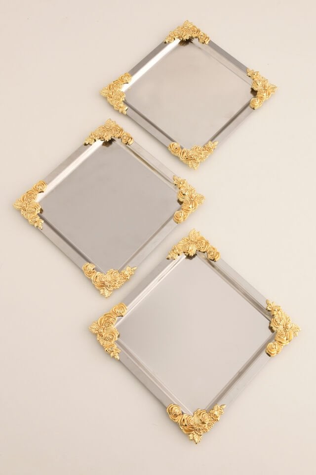 Alvio Paslanmaz Kare 4 Köşesi Sarı Çiçek Detaylı Sunum Tepsisi Gümüş 3 Lü Takım