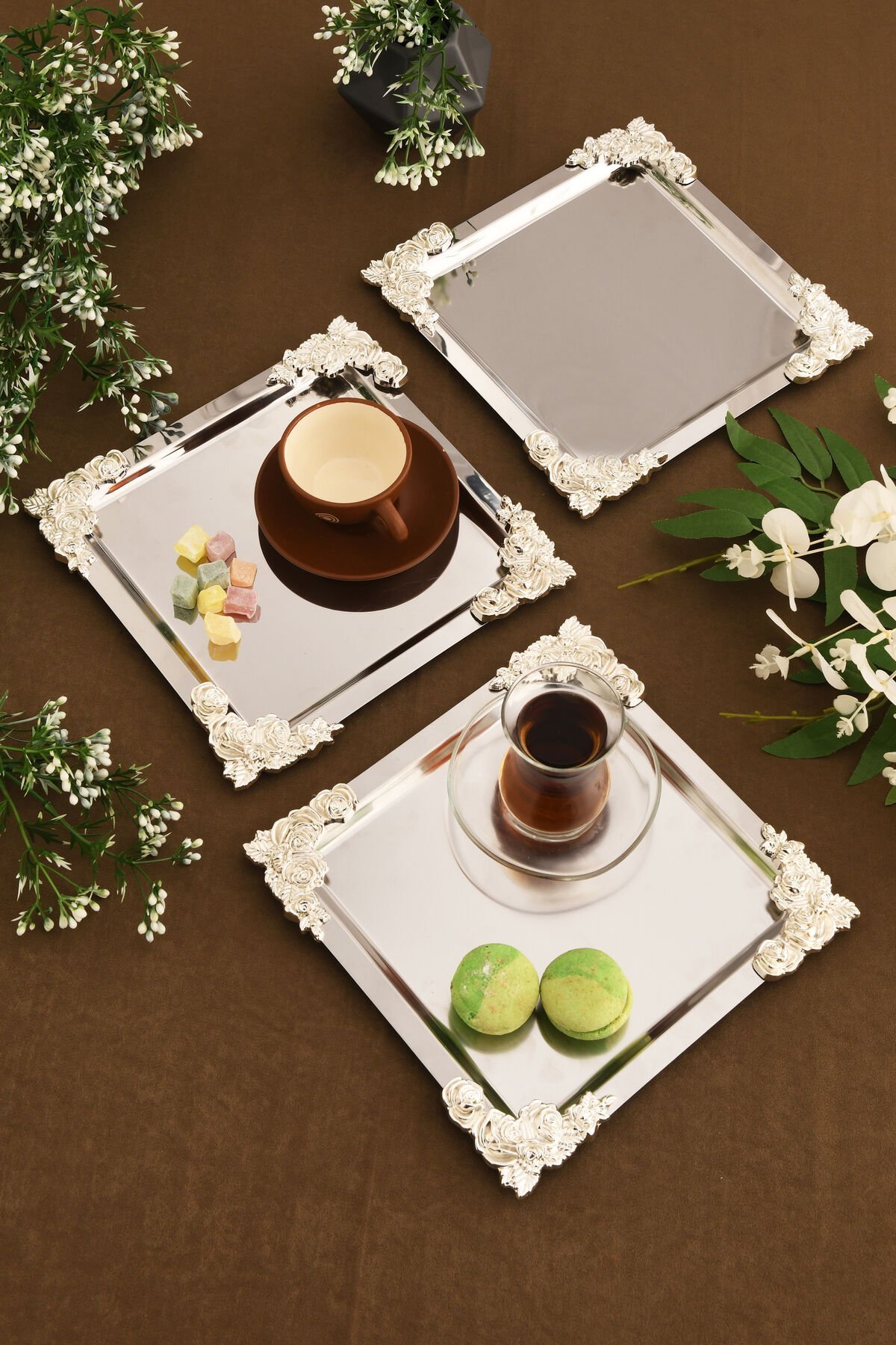 Alvio Paslanmaz Kare 4 Köşesi Gümüş Çiçek Detaylı Sunum Tepsisi Gümüş 3 Lü Takım