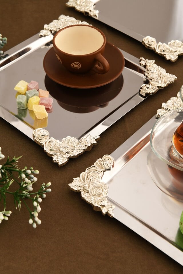 Alvio Paslanmaz Kare 4 Köşesi Gümüş Çiçek Detaylı Sunum Tepsisi Gümüş 3 Lü Takım