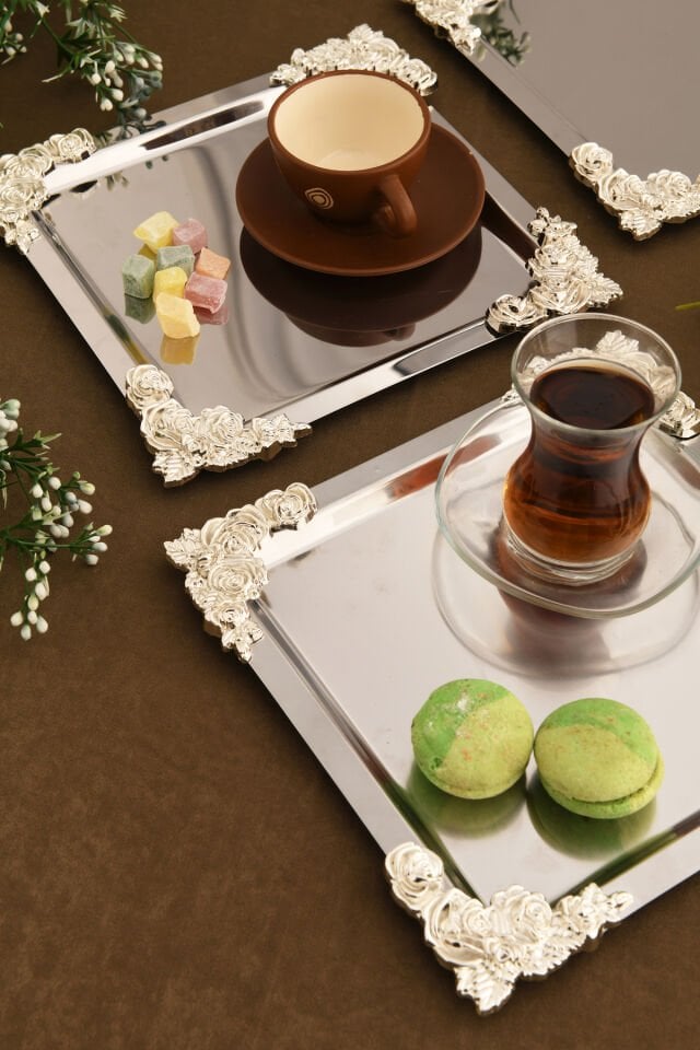 Alvio Paslanmaz Kare 4 Köşesi Gümüş Çiçek Detaylı Sunum Tepsisi Gümüş 3 Lü Takım