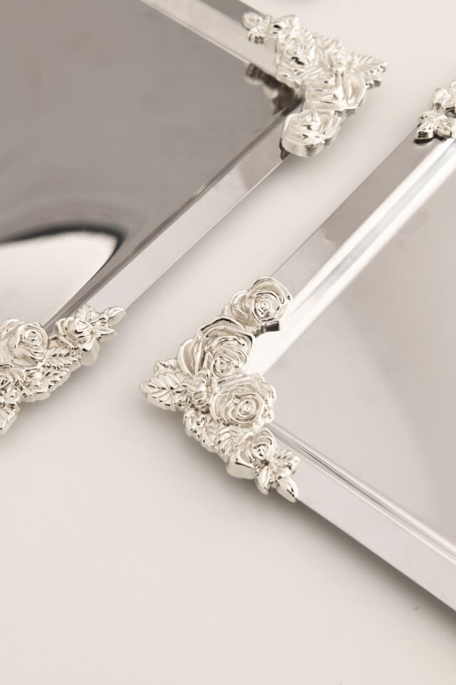 Alvio Paslanmaz Kare 4 Köşesi Gümüş Çiçek Detaylı Sunum Tepsisi Gümüş 3 Lü Takım