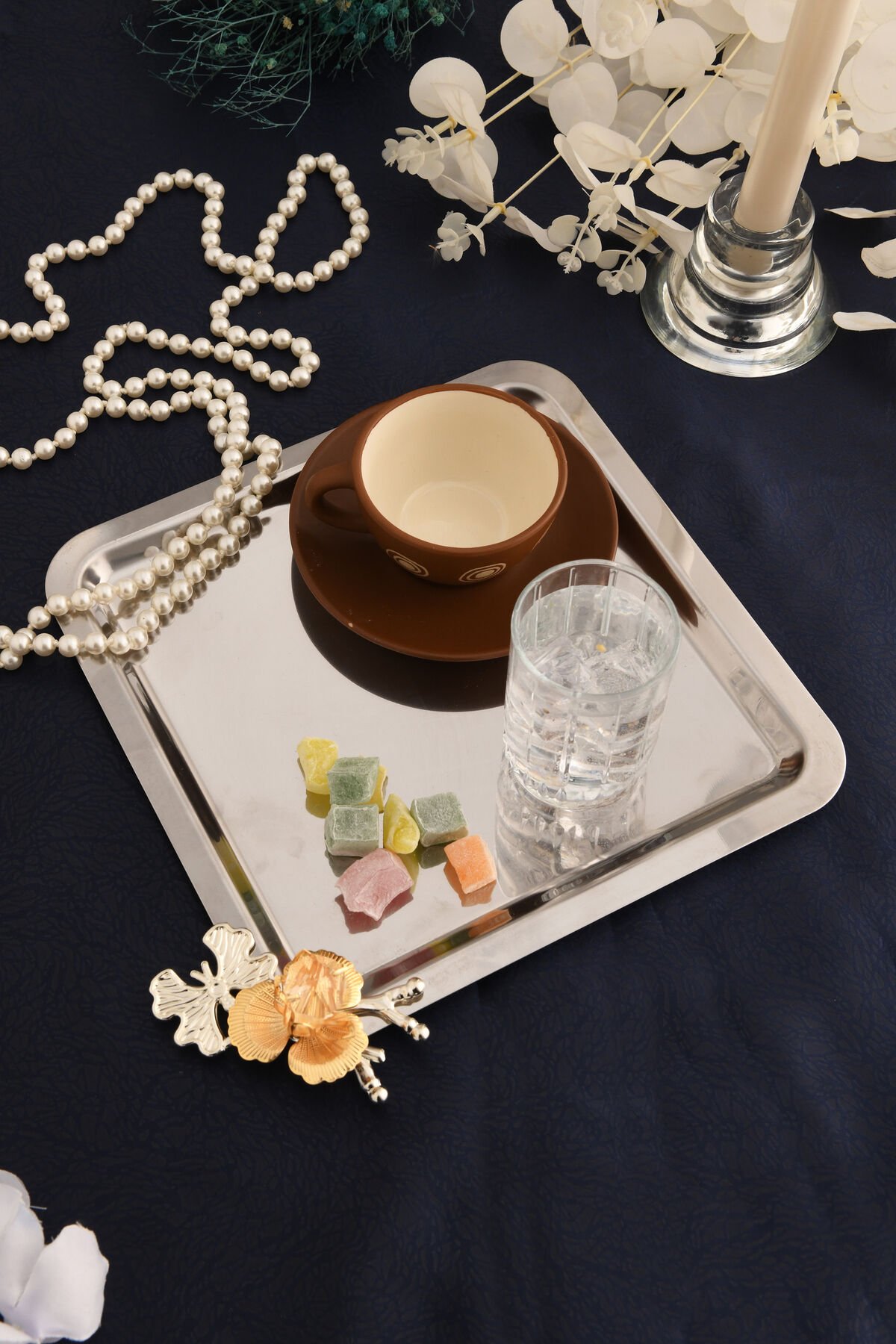 Voltren Paslanmaz Kare Dallı Taş Detaylı Sunum Tepsisi Gümüş 1 Adet