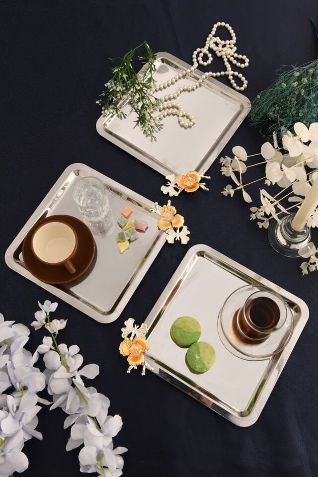 Voltren Paslanmaz Kare Dallı Taş Detaylı Sunum Tepsisi Gümüş 3 Lü Takım