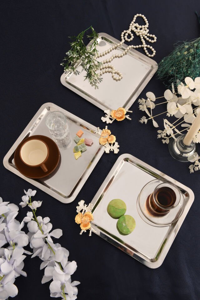 Voltren Paslanmaz Kare Dallı Taş Detaylı Sunum Tepsisi Gümüş 3 Lü Takım