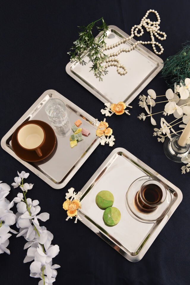 Voltren Paslanmaz Kare Dallı Taş Detaylı Sunum Tepsisi Gümüş 3 Lü Takım