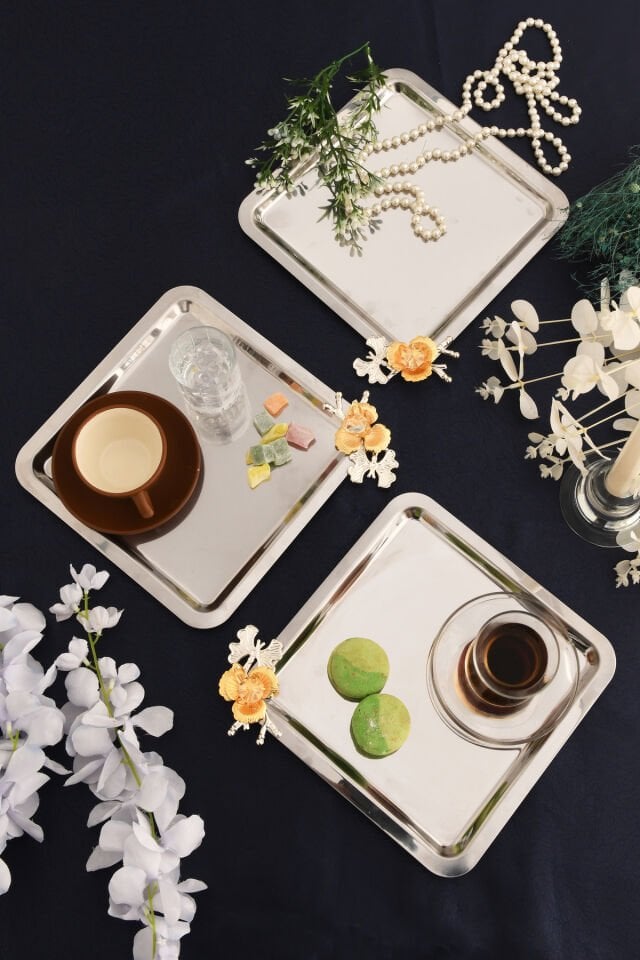 Voltren Paslanmaz Kare Dallı Taş Detaylı Sunum Tepsisi Gümüş 3 Lü Takım