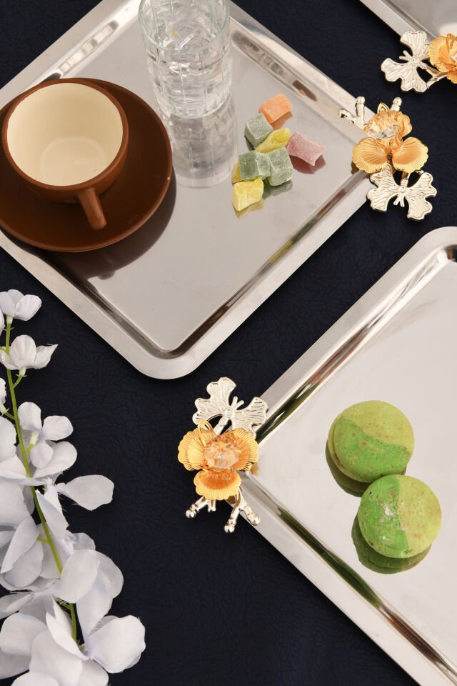 Voltren Paslanmaz Kare Dallı Taş Detaylı Sunum Tepsisi Gümüş 3 Lü Takım