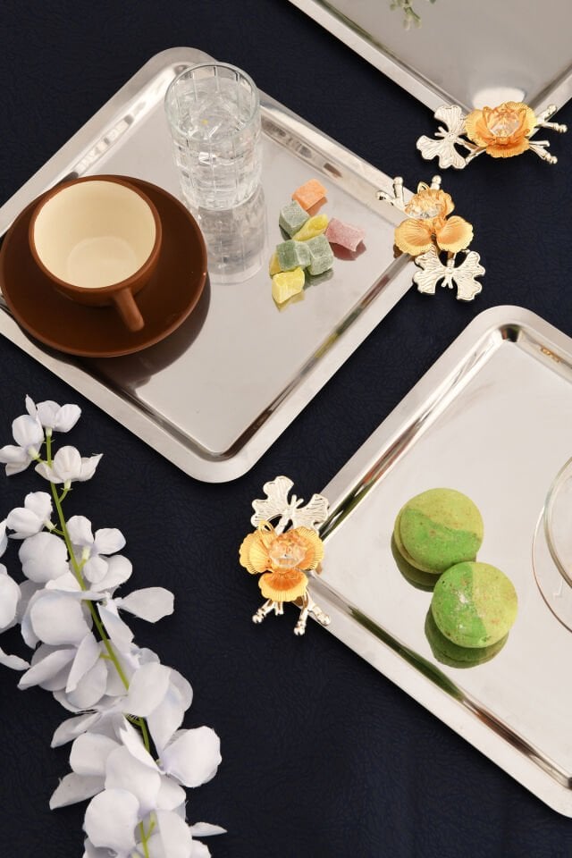 Voltren Paslanmaz Kare Dallı Taş Detaylı Sunum Tepsisi Gümüş 3 Lü Takım