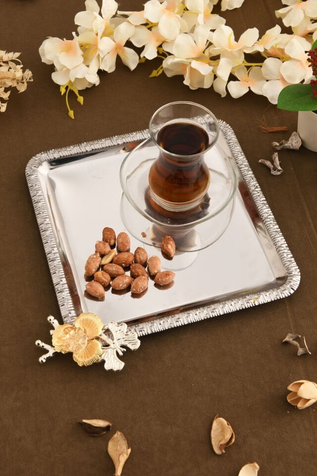 Sento Paslanmaz Kare Desenli Dallı Taş Detaylı Sunum Tepsisi Gümüş 1 Adet