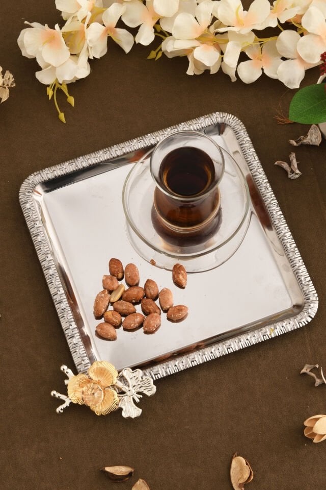 Sento Paslanmaz Kare Desenli Dallı Taş Detaylı Sunum Tepsisi Gümüş 1 Adet