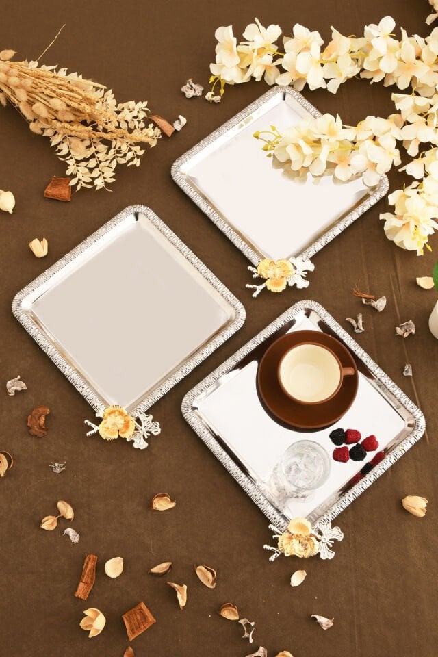 Sento Paslanmaz Kare Desenli Dallı Taş Detaylı Sunum Tepsisi Gümüş 3 Lü Takım