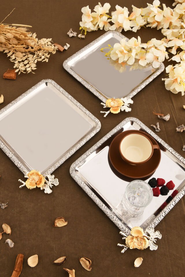 Sento Paslanmaz Kare Desenli Dallı Taş Detaylı Sunum Tepsisi Gümüş 3 Lü Takım