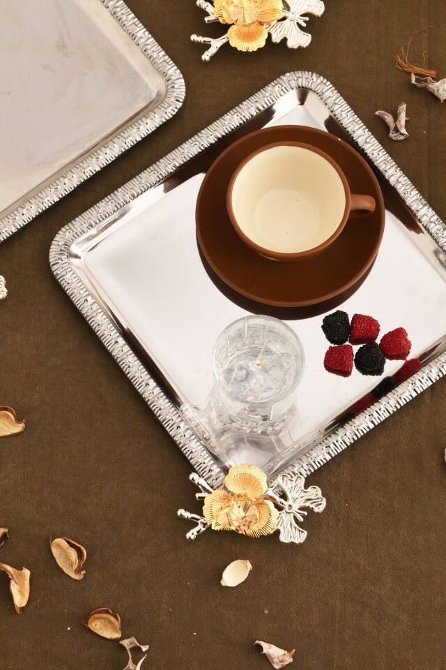 Sento Paslanmaz Kare Desenli Dallı Taş Detaylı Sunum Tepsisi Gümüş 3 Lü Takım