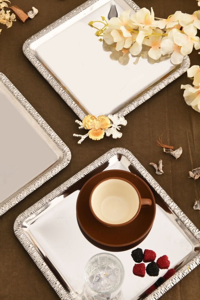 Sento Paslanmaz Kare Desenli Dallı Taş Detaylı Sunum Tepsisi Gümüş 3 Lü Takım