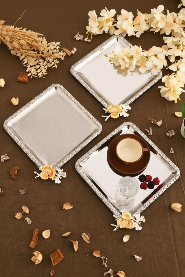 Sento Paslanmaz Kare Desenli Dallı Taş Detaylı Sunum Tepsisi Gümüş 3 Lü Takım