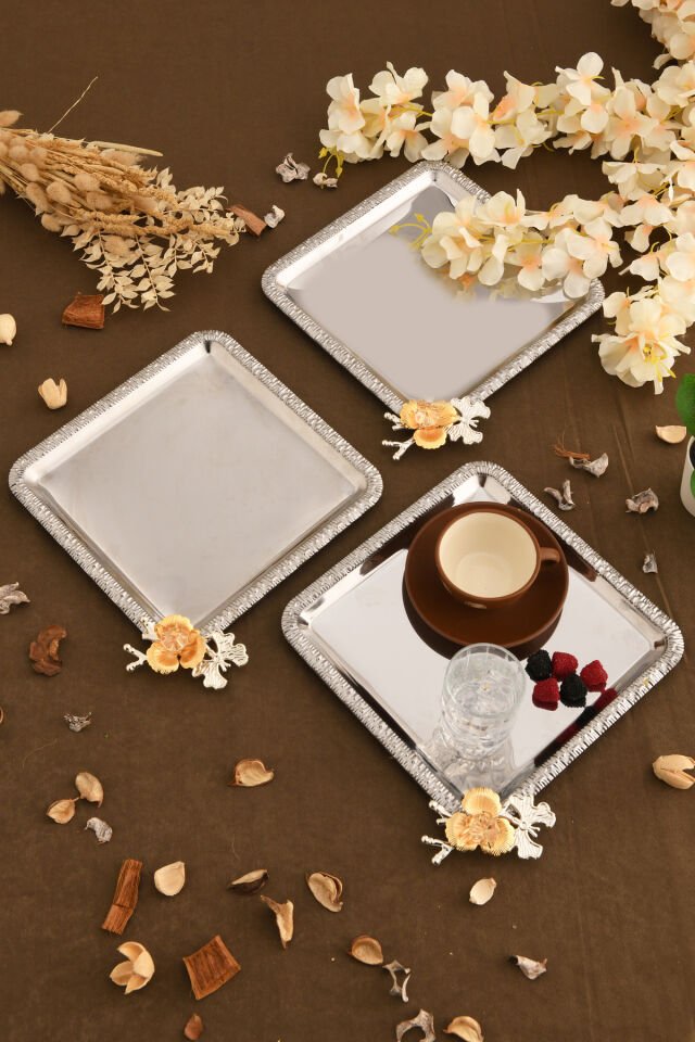 Sento Paslanmaz Kare Desenli Dallı Taş Detaylı Sunum Tepsisi Gümüş 3 Lü Takım