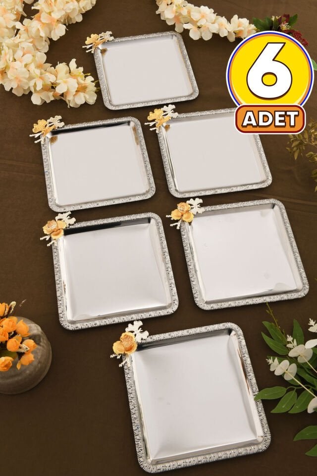 Sento Paslanmaz Kare Desenli Dallı Taş Detaylısunum Tepsisi 6 Lı Takım