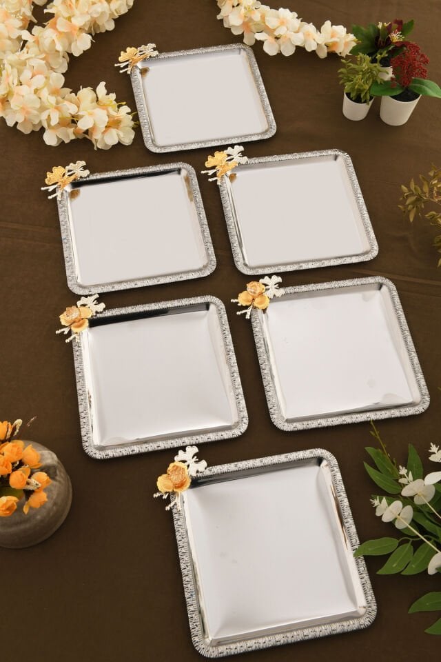 Sento Paslanmaz Kare Desenli Dallı Taş Detaylısunum Tepsisi 6 Lı Takım