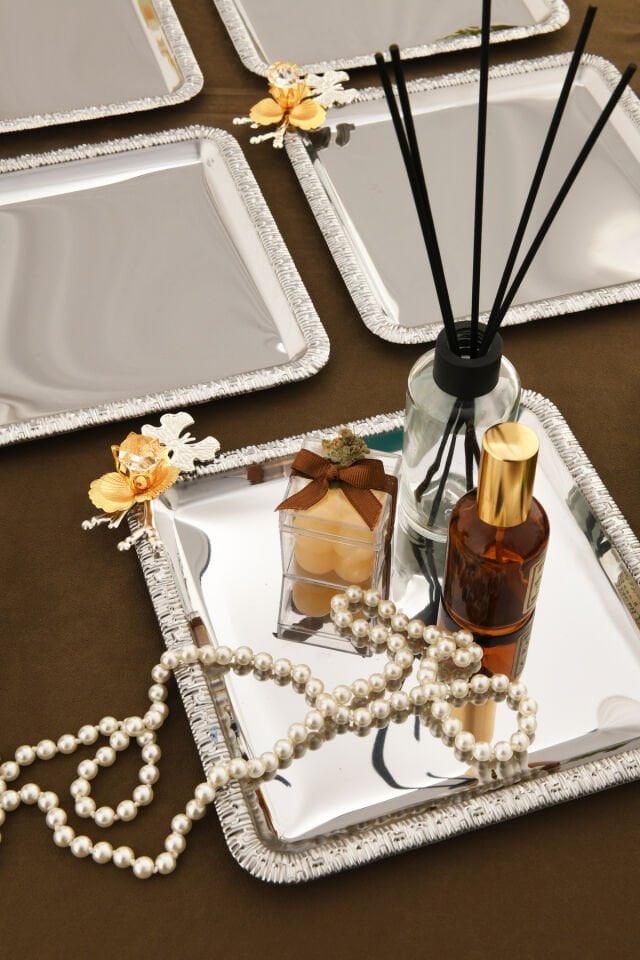 Sento Paslanmaz Kare Desenli Dallı Taş Detaylısunum Tepsisi 6 Lı Takım