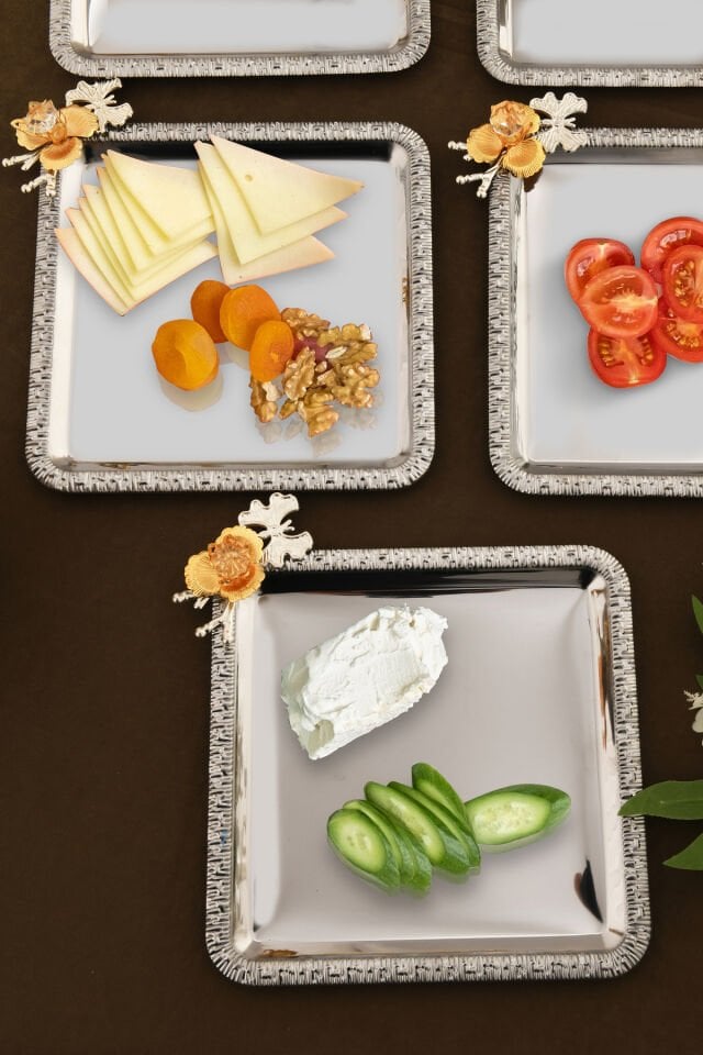 Sento Paslanmaz Kare Desenli Dallı Taş Detaylısunum Tepsisi 6 Lı Takım