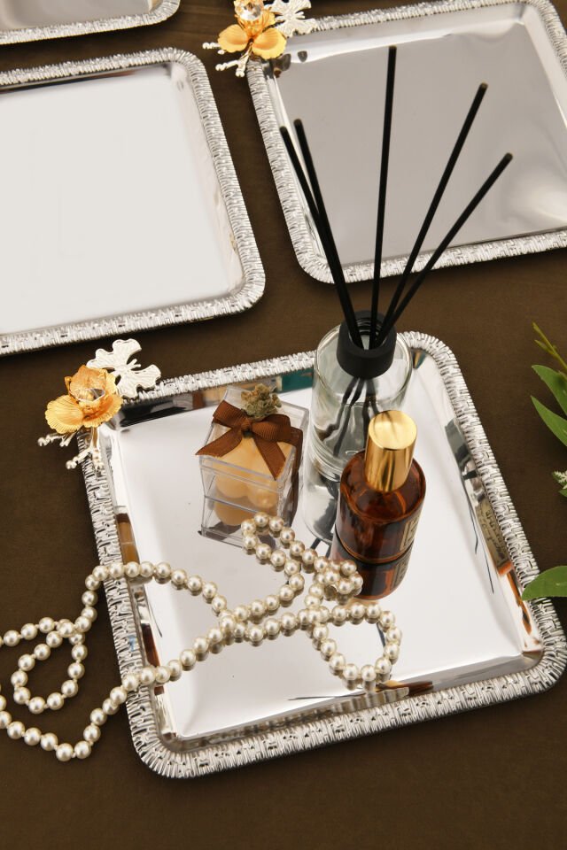 Sento Paslanmaz Kare Desenli Dallı Taş Detaylısunum Tepsisi 6 Lı Takım