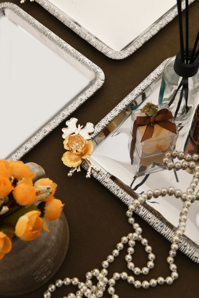 Sento Paslanmaz Kare Desenli Dallı Taş Detaylısunum Tepsisi 6 Lı Takım