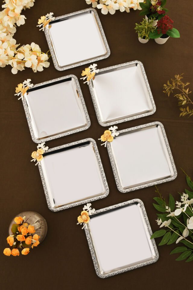 Sento Paslanmaz Kare Desenli Dallı Taş Detaylısunum Tepsisi 6 Lı Takım