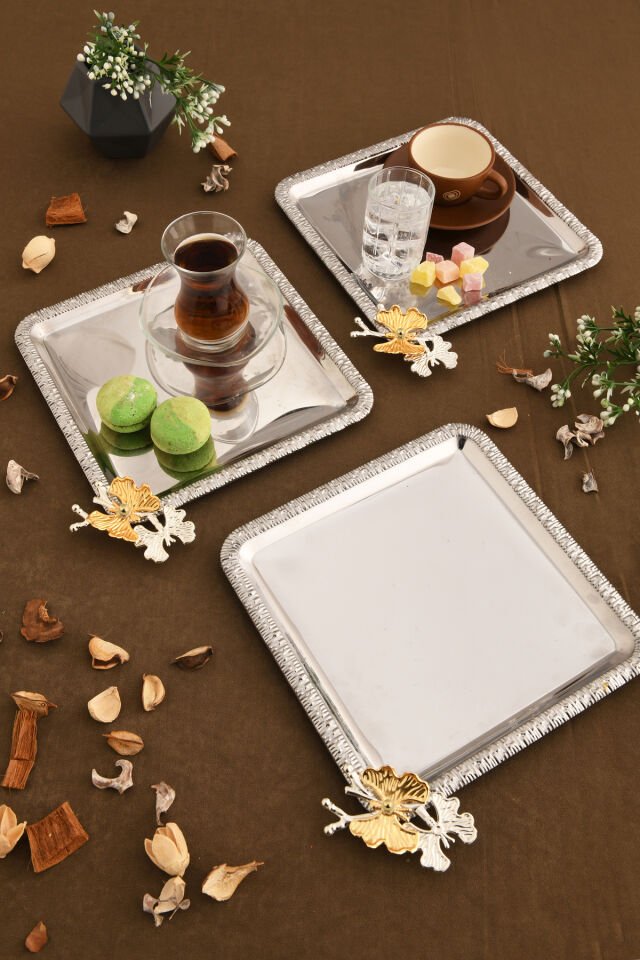 Maren Paslanmaz Kare Desenli Kelebek Detaylı Sunum Tepsisi Gümüş 3 Lü Takım