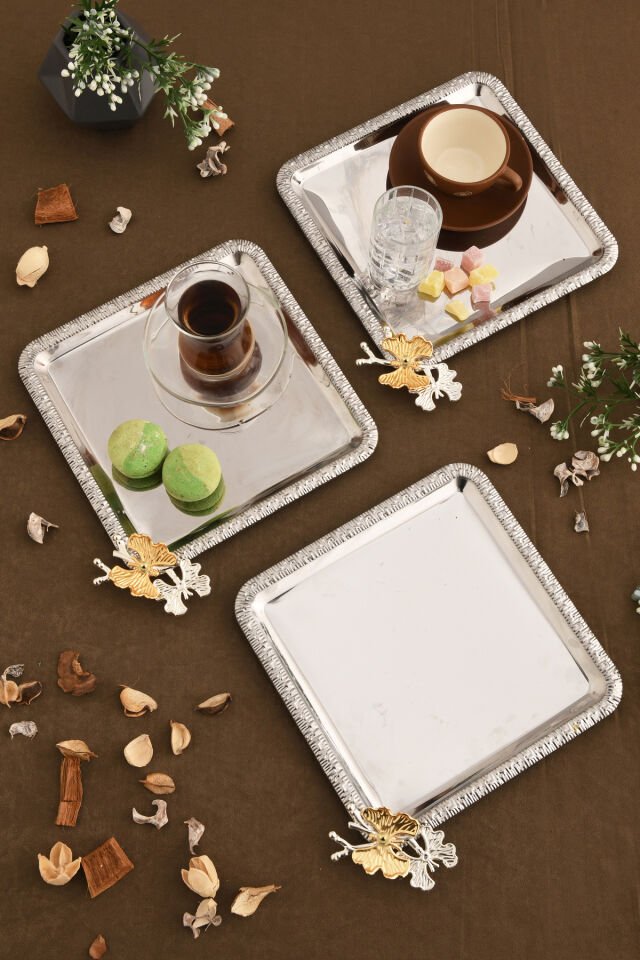 Maren Paslanmaz Kare Desenli Kelebek Detaylı Sunum Tepsisi Gümüş 3 Lü Takım