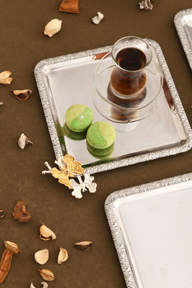 Maren Paslanmaz Kare Desenli Kelebek Detaylı Sunum Tepsisi Gümüş 3 Lü Takım